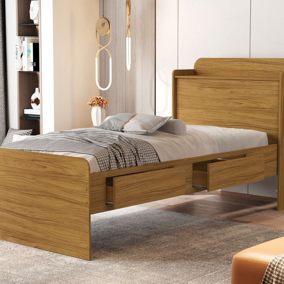 Cama Solteiro Com Baú 2 Gavetas Tamires Nature