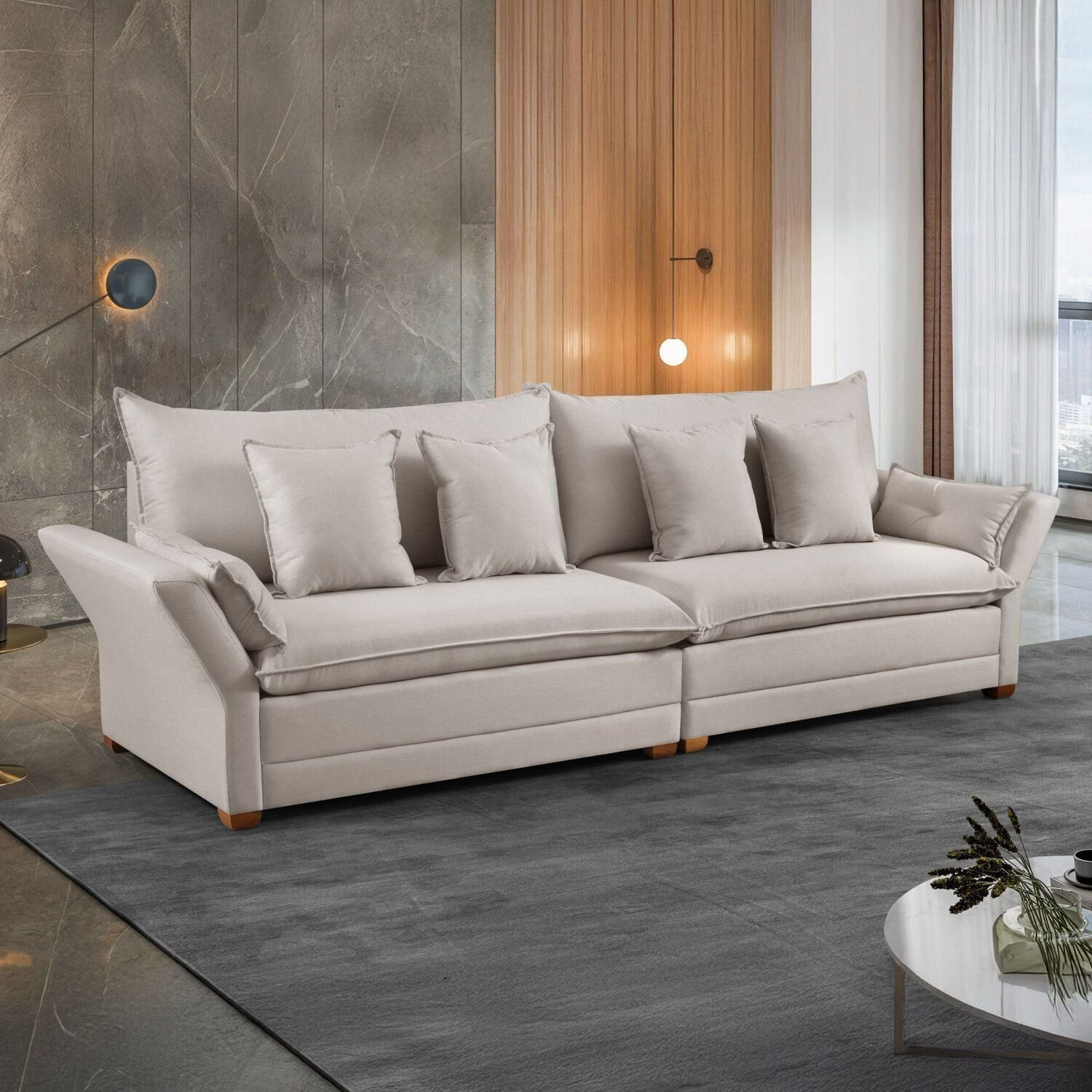 Sofá Para Sala De Estar 3 Lugares 4 Almofadas Bege