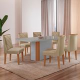 Mesa 180cm Tampo Mdf/vidro Canto Copo 6 Cadeiras Ester Naturalle/off White