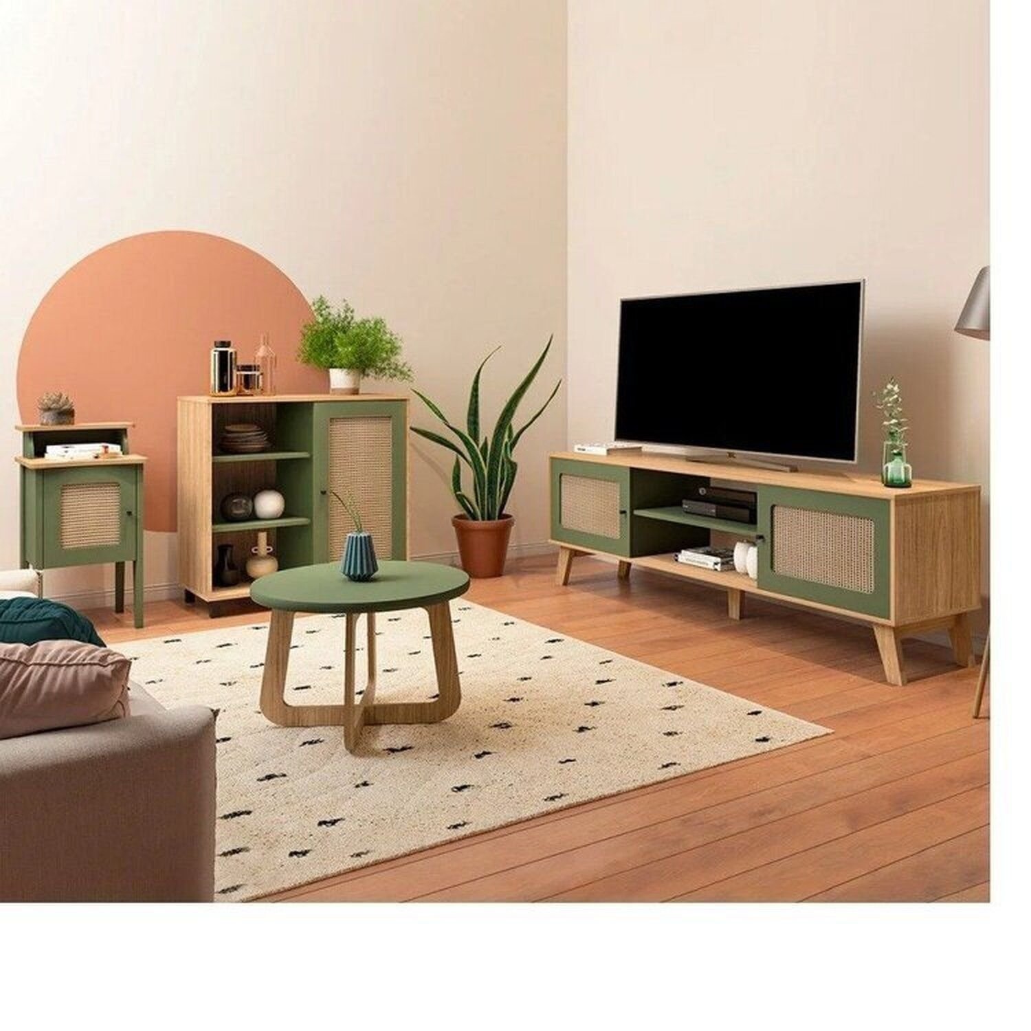 Kit 4 Peças Com Rack Para Tv Até 75 Polegadas, Mesa De Centro, Mesa Lateral E Aparador Carvalho/menta