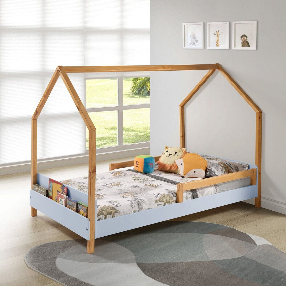 Cama Montessori Moana 140x95x205 Cm Azul Bb/amêndoa