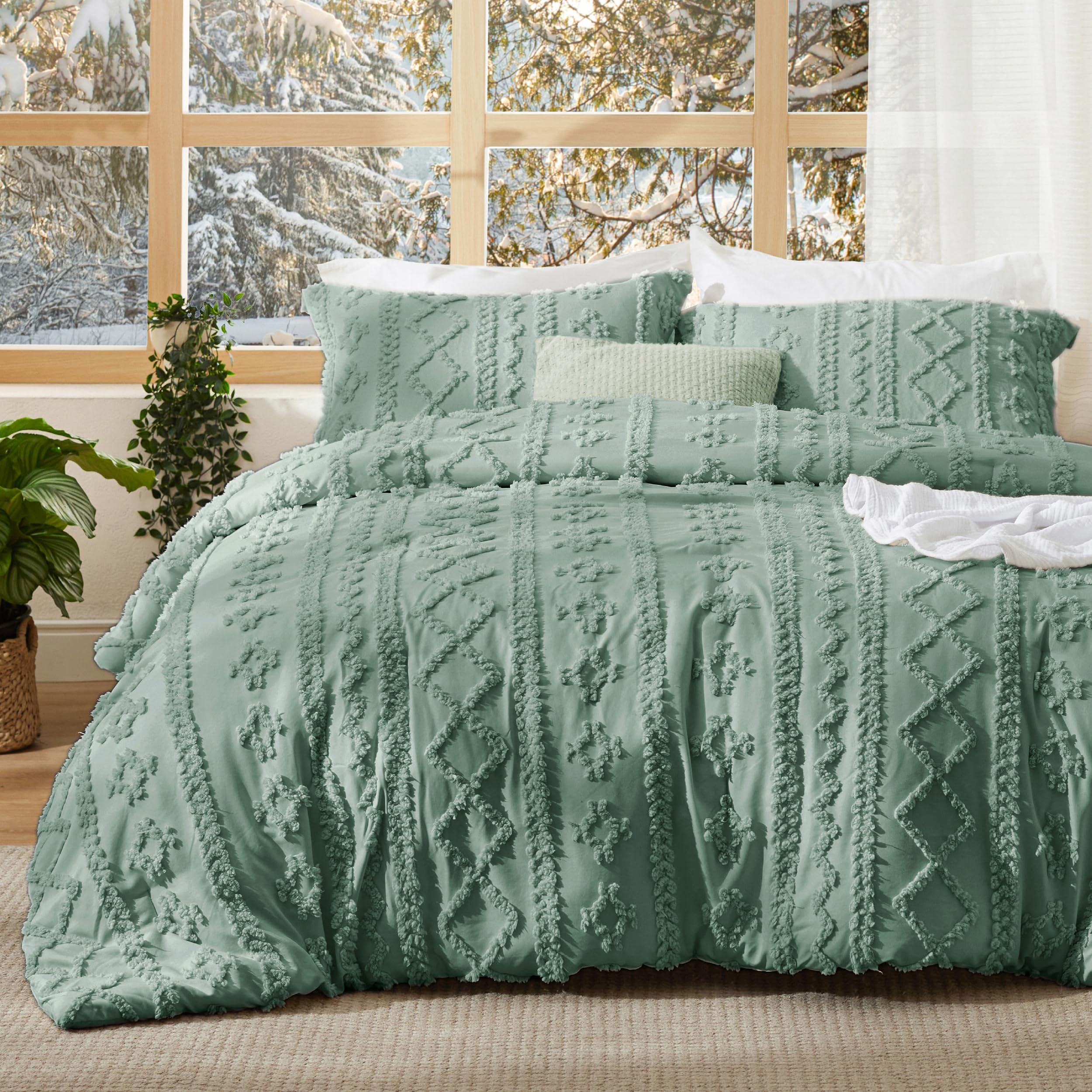 Conjunto De Edredom Bedsure Tufted Boho Queen Size, Verde, 3 Peças