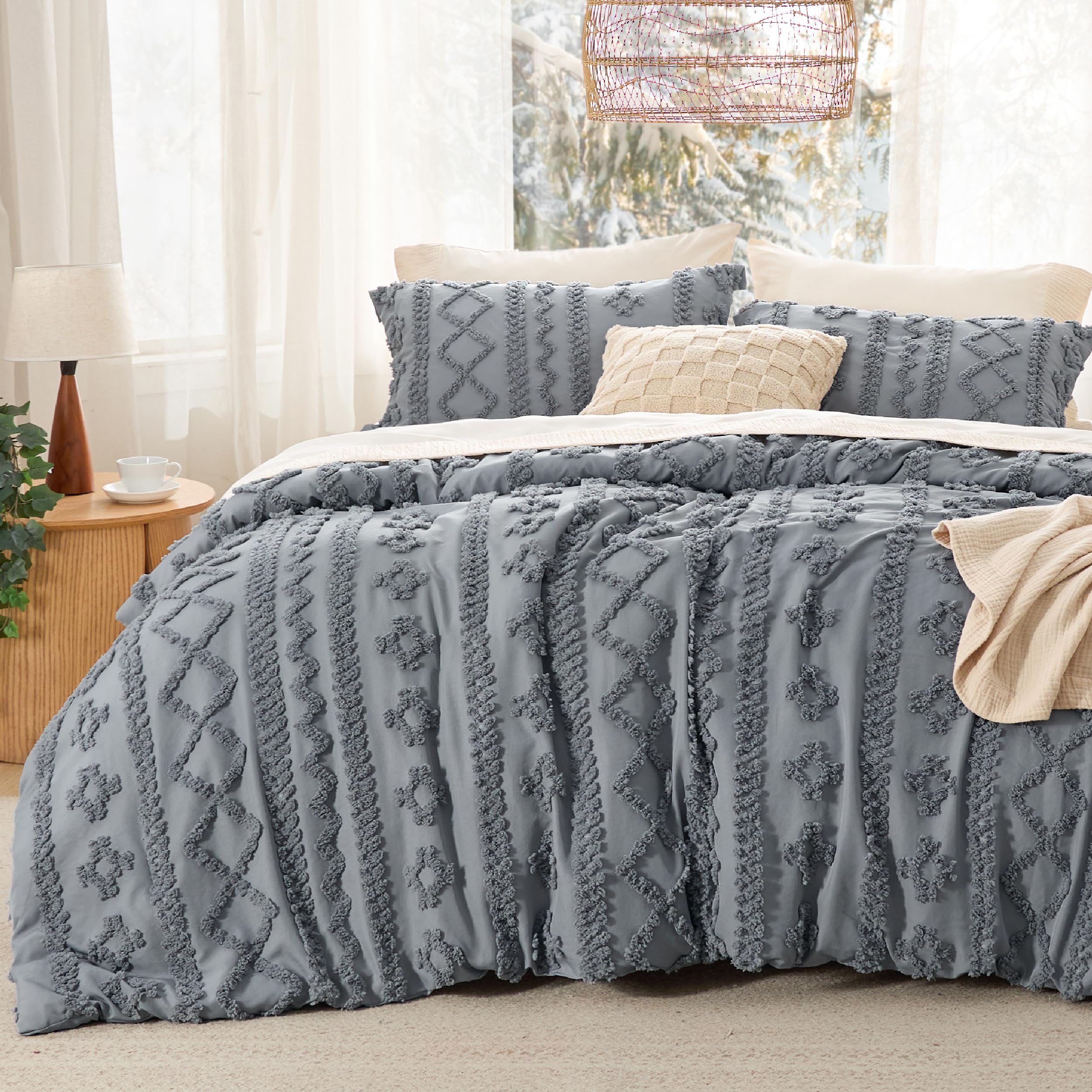 Conjunto De Edredom Bedsure Tufted Boho Queen Size Grey 3 Peças