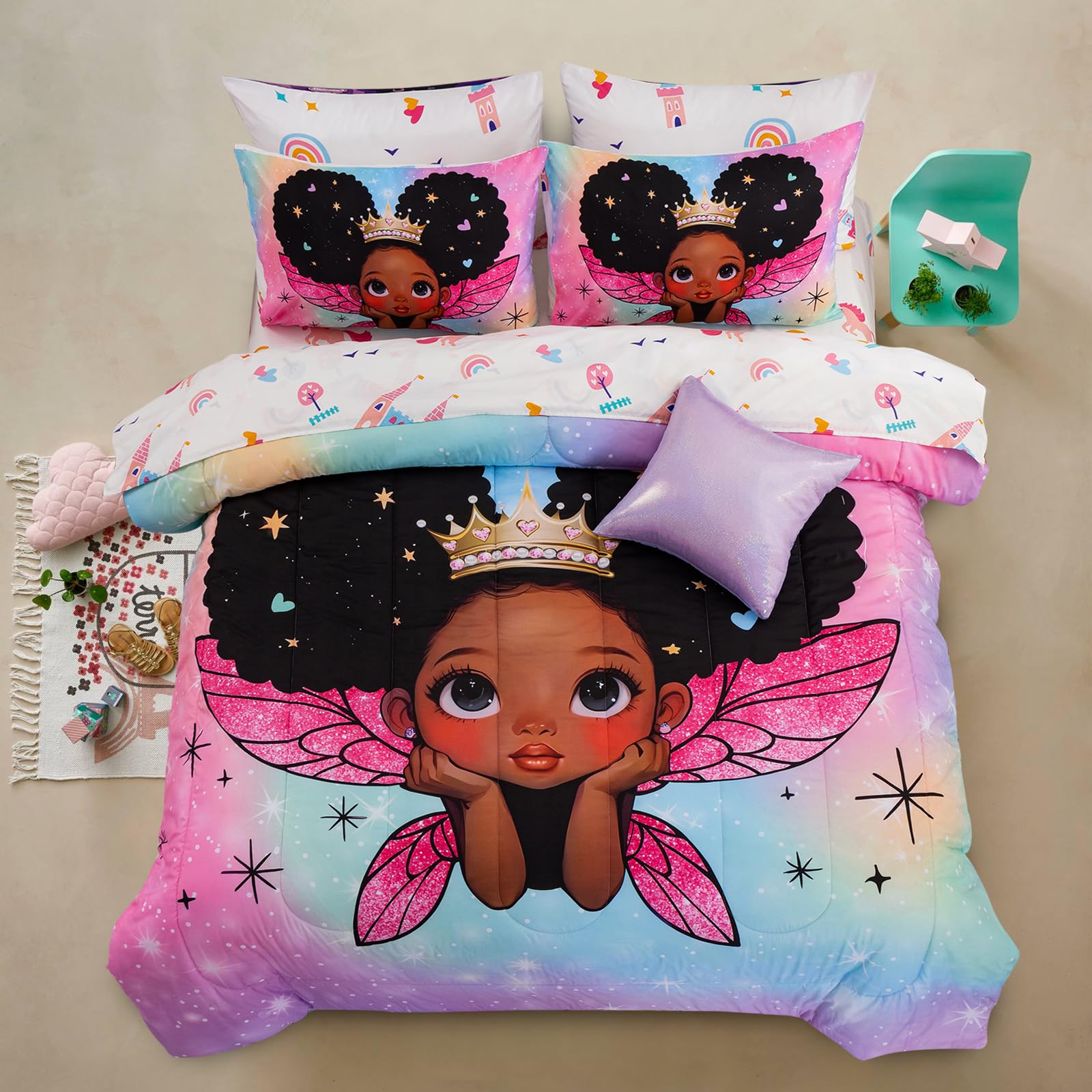 Conjunto De Edredom A Nice Night Black Girl Princess Com Asas Gêmeas