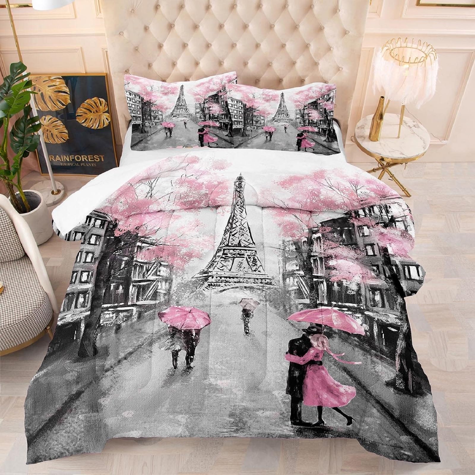 Conjunto De Edredom Kxry Pink Paris Eiffel Tower Queen Com 1 Edredom E 2 Fronhas
