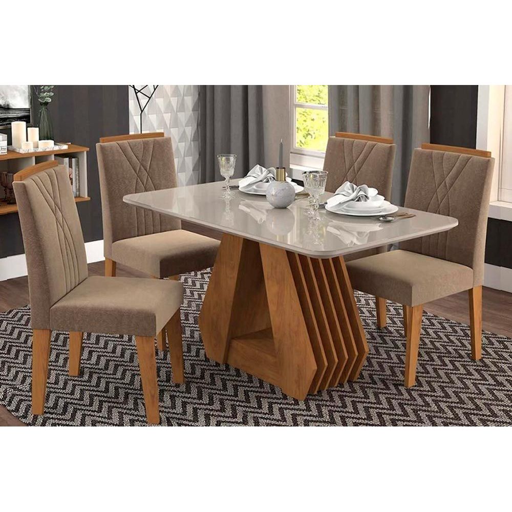 Sala de Jantar Cimol Ágata+4 Cadeiras Nicole Savana/Pluma