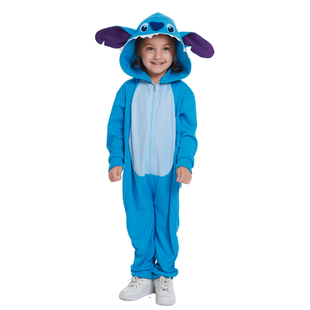 Fantasia Infantil Stitch Longa Azul Com Capuz E Cauda G