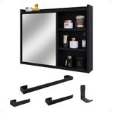 Espelheira Armário De Banheiro 1 Porta Prateleira Espelho Kit Acessórios Lavabo 4 Peças Aço Inox Preto - Rpm