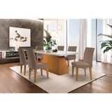 Sala De Jantar Completa Luna Tampo Madeirado C/ Vidro Canto Reto 180x90cm E 6 Cadeiras Grécia Casal - Suede Capuccino - Rufato
