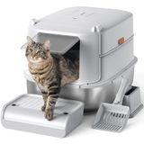 Caixa De Areia Para Gatos Em Aço Inoxidável Furkid Xl Com Tampa E Colher Cinza