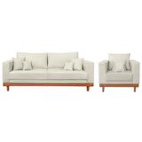 Kit 1 Poltrona Living Suede + Sofá 3 Lugares Com Almofadas Bege