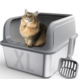 Caixa De Areia Para Gatos Powools Em Aço Inoxidável Com Entrada Superior Cinza