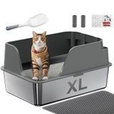 Caixa De Areia Para Gatos Em Aço Inoxidável Xl Extra Grande Com Tampa Cinza