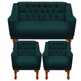 Kit Namoradeira + 2 Poltrona Decorativa Grécia Dritex Suede Azul