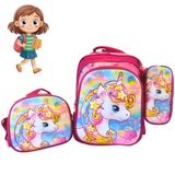 Lancheira Mochila E Estojo Unicórnio Rosa Infantil Charmosa