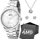 Relogio Feminino Aço Inox Prata + Pulseira + Caixa + Colar