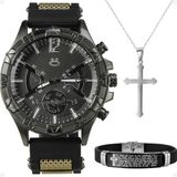 Relogio Masculino Aço Preto + Pulseira Silicone Religioso