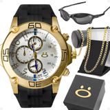 Relogio Masculino Aço + Cordao Pulseira + Oculos Sol + Caixa