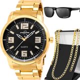 Relogio Aço Inox Dourado Banhado Masculino + Oculos Sol +