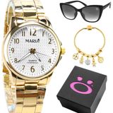 Relogio Feminino Dourado Aço + Oculos + Caixa Personalizavel