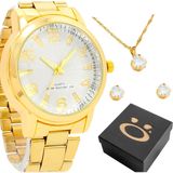Relogio Banhado Feminino Aço + Brincos Colar Strass + Caixa