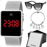 Relogio Feminino Prateado Led + Oculos Sol + Caixa +