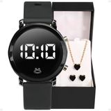 Relogio Feminino Digital Aço Inox + Caixa + Brincos Social