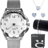 Relogio Prata Feminino Prova Dagua Pulseira + Brinco Colar