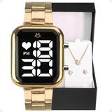 Relogio Feminino Digital Dourado + Colar + Brincos + Caixa