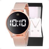 Relogio Feminino Aço Inox Led + Brincos + Caixa Silicone