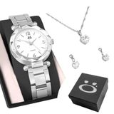 Relogio Feminino Aço Prata + Brincos + Colar Strass + Caixa