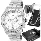 Relogio Masculino Prateado + Cordao Grumet Presente Casual