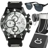 Relogio Aço Masculino + Cordao Pulseira + Oculos Sol