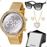 Relogio Dourado Feminino + Oculos Sol + Pulseira + Caixa