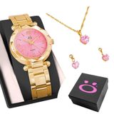 Relogio Feminino Rosa Aço + Brincos + Caixa + Colar Strass