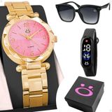 Relogio Rosa Feminino + Oculos Proteção Uv Mostrador Rosa