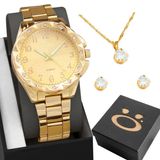 Relogio Dourado Feminino Aço + Colar Strass Brinco + Caixa