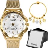 Relogio Feminino Dourado Aço Inox + Caixa + Pulseira Pandora