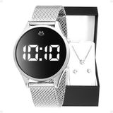 Relogio Feminino Digital Aço Inox + Colar + Brincos + Caixa
