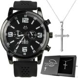 Relogio Masculino Aço Preto + Colar Crucifixo + Caixa Prata