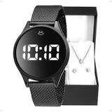 Relogio Feminino Digital Aço Inox + Caixa + Colar + Brincos