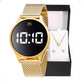 Relogio Feminino Dourado Digital + Caixa + Colar + Brincos