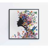 Quadro Desenho Mulher Com Flores Medidas 40x40 Cm Impressão Vidro Acrílico