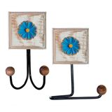Kit Banheiro 2 Peças 1 Toalheiro Duplo + 1 Porta Papel Higiênico Artesanal Flor Madeira Cor Azul