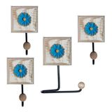 Kit Para Banheiro Com 3 Toalheiros E 1 Porta Papel Higiênico Rustico Flor Branca Cor Azul