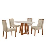 Conjunto Sala De Jantar Mesa Floripa 120x80cm Off White Com 4 Cadeiras Luna Linho Bege