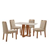 Conjunto Sala De Jantar Mesa Floripa 120x80cm Off White Com 4 Cadeiras Luna Veludo Bege