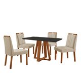 Conjunto Sala De Jantar Mesa Floripa 120x80cm Preto Com 4 Cadeiras Luna Linho Bege