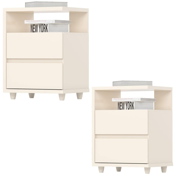 Kit 2 Mesas De Cabeceira 2 Gavetas 48 Cm Campeche Off White Henn