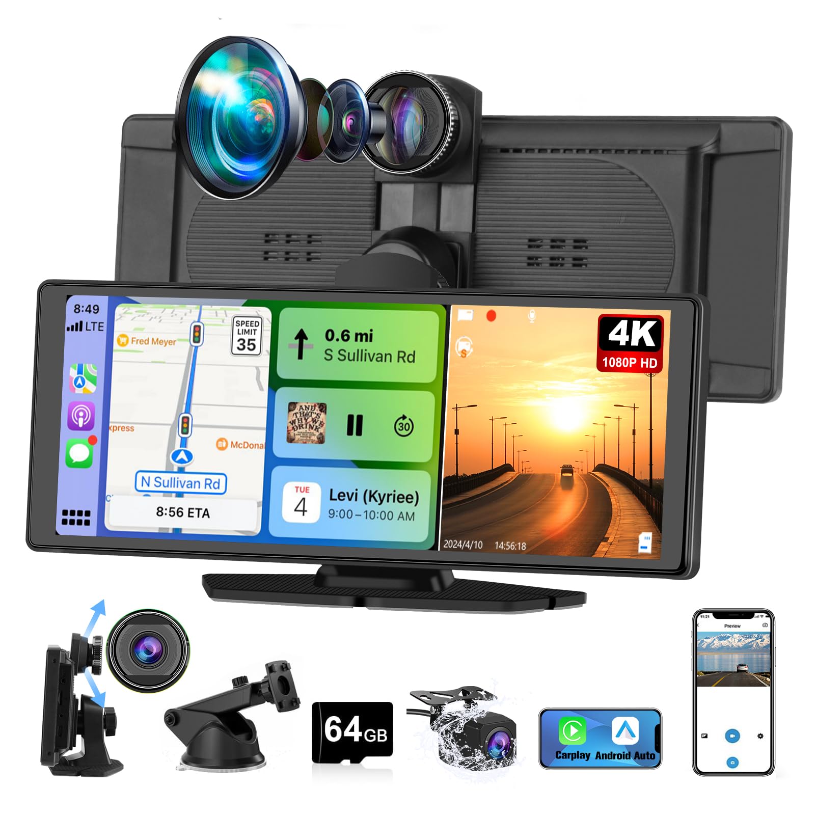 Tela Carplay Sem Fio Pyniro De 10,26" Com 4k Dash Cam+1080p